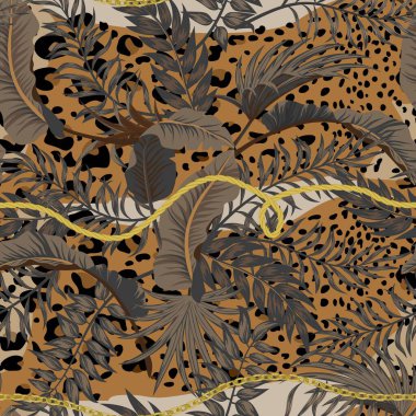 Leopa üzerinde tropikal yapraklar ve zincirler olan mükemmel bir model....