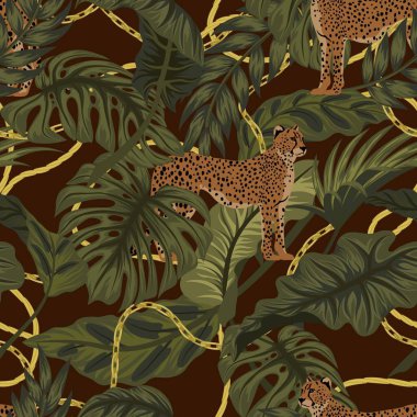 Leopa üzerinde tropikal yapraklar ve zincirler olan mükemmel bir model....