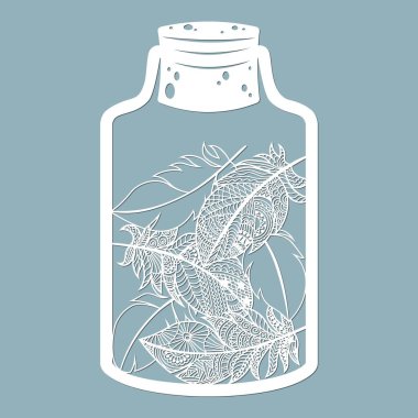 Cam kavanozdaki tüyler. Lazer kesimi. Vektör çizimi. Lazer kesme, hatıra defteri, çizici ve ekran yazdırma için desen..