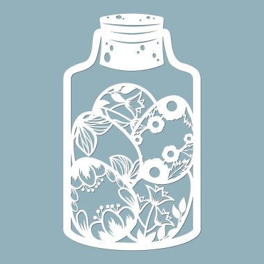 Cam kavanozdaki Paskalya yumurtaları. Lazer kesimi. Vektör çizimi. Lazer kesme, hatıra defteri, çizici ve ekran yazdırma için desen..