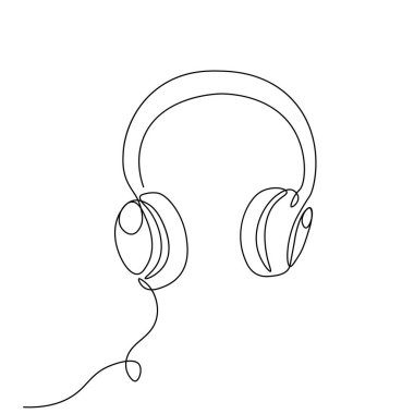 Beyaz zemin üzerinde müzik ve teknoloji sembolleri olan kablosuz kulaklıklar Vector illüstrasyonu. Devamlı çizgi çizimi. Vektör monokromu, çizgilerle çiziliyor..