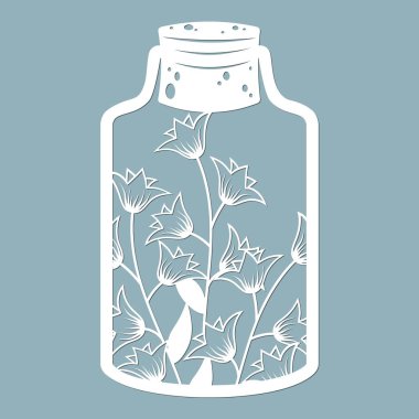 Cam bir kavanozda çiçekler ve yapraklar. Lazer kesiği. Vektör çizimi. Lazer kesim, serigrafi, çizici ve ekran yazdırma için desen...