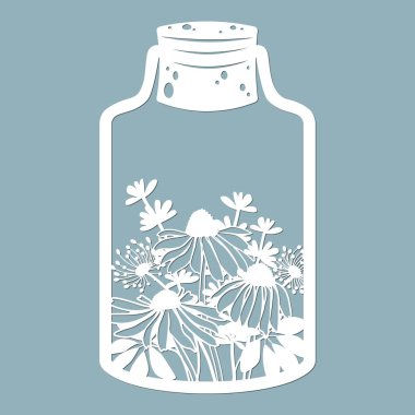 Cam bir kavanozda çiçekler ve yapraklar. Lazer kesiği. Vektör çizimi. Lazer kesim, serigrafi, çizici ve ekran yazdırma için desen...