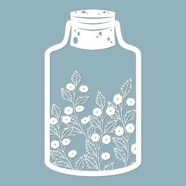 Cam bir kavanozda çiçekler ve yapraklar. Lazer kesiği. Vektör çizimi. Lazer kesim, serigrafi, çizici ve ekran yazdırma için desen...