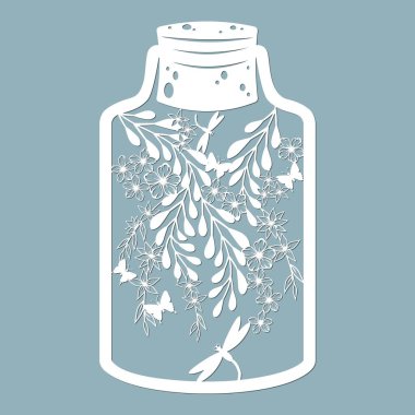 Cam bir kavanozda kelebekler ve yusufçukların olduğu çiçekler ve yapraklar. Lazer kesiği. Vektör çizimi. Lazer kesim, serigrafi, çizici ve ekran yazdırma için desen....