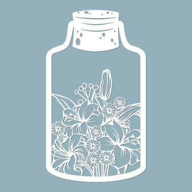 Cam bir kavanozda çiçekler ve yapraklar. Lazer kesiği. Vektör çizimi. Lazer kesim, serigrafi, çizici ve ekran yazdırma için desen...