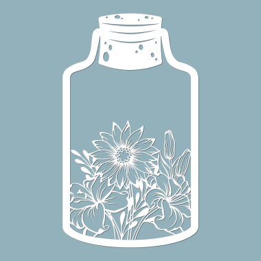 Cam bir kavanozda çiçekler ve yapraklar. Lazer kesiği. Vektör çizimi. Lazer kesim, serigrafi, çizici ve ekran yazdırma için desen...