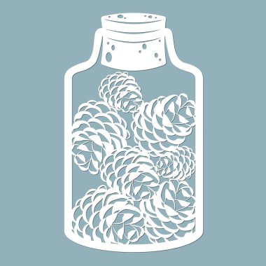 Cam kavanozdaki koniler. Lazer kesiği. Vektör çizimi. Lazer kesim, serigrafi, çizici ve ekran yazdırma için desen...