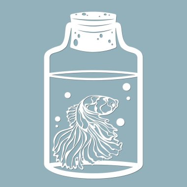 Cam bir kavanozda akvaryum balığı ve baloncuklar. Lazer kesiği. Vektör çizimi. Lazer kesim, serigrafi, çizici ve ekran yazdırma için desen...