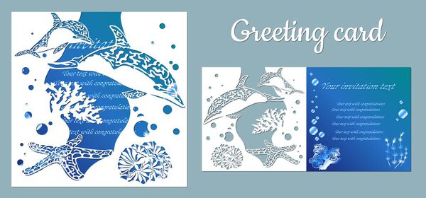 Dolphin, starfish, seaweed. template for making a postcard. vector image for laser cutting and plotter printing. fauna with marine animals..