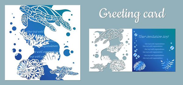 Turtle, starfish. Fauna with marine animals. Template for making a postcard. Vector image for laser cutting, plotter printing and scrapbooking..