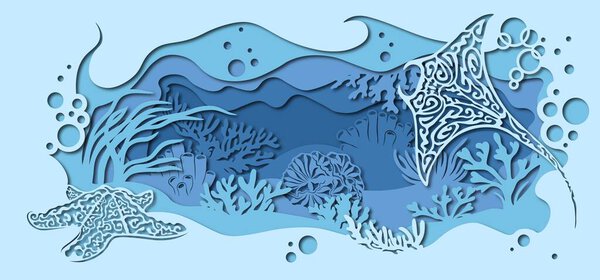 Starfish, stingray, algae, marine fauna. Template for making a lamp or postcard. vector image for laser cutting and plotter printing..