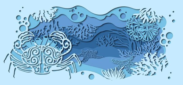 Starfish, crab, algae, marine fauna. Template for making a lamp or postcard. vector image for laser cutting and plotter printing..