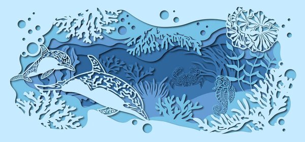 template for making a lamp or postcard. vector image for laser cutting and plotter printing. fauna with marine animals