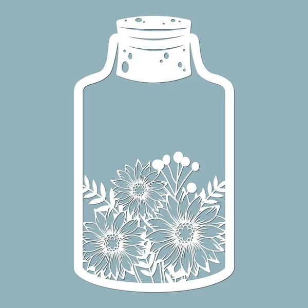 Flores Hojas Frasco Vidrio Corte Por Láser Ilustración Vectorial Patrón — Vector de stock