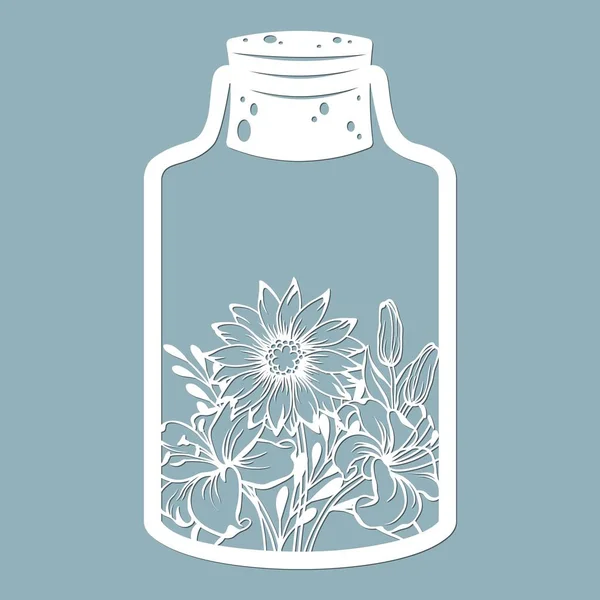 Flores Hojas Frasco Vidrio Corte Por Láser Ilustración Vectorial Patrón — Vector de stock