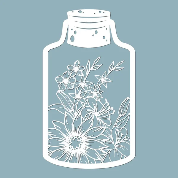 Flores Hojas Frasco Vidrio Corte Por Láser Ilustración Vectorial Patrón — Vector de stock