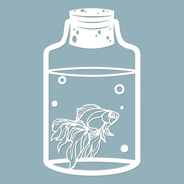 Cam Bir Kavanozda Akvaryum Balığı Baloncuklar Lazer Kesiği Vektör Çizimi — Stok Vektör