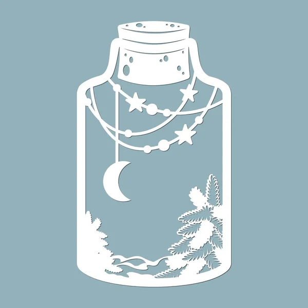 Lune Étoiles Sapin Noël Dans Pot Verre Découpe Laser Illustration — Image vectorielle