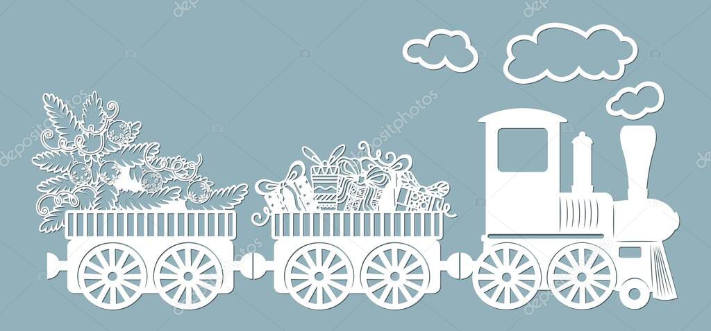 New year's train delivers gifts and a Christmas tree. Laser cutting. Vector illustration. Template for laser cutting, scrapbooking, plotter and screen printing..