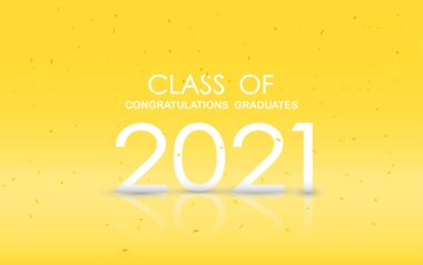 2021 sınıfı. Mezuniyet afişi, beyaz numaralar, akademik başlık mezuniyet tasarımı konsepti. Harfli tebrik kartı. Vektör.