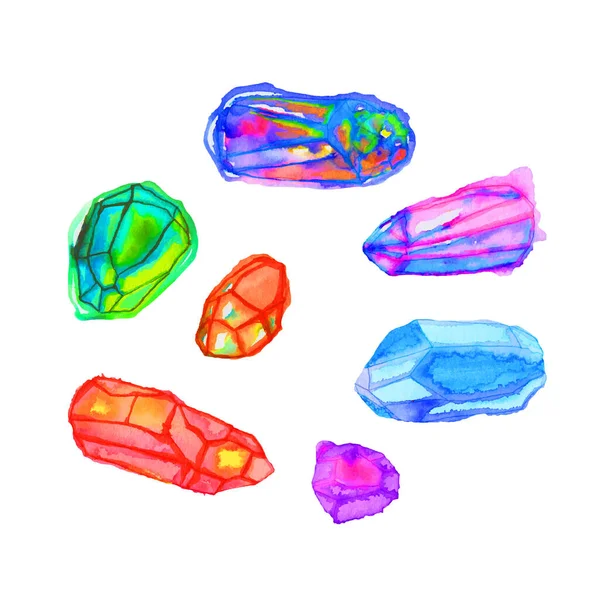 Set Van Gekleurde Kristallen Mineralen Maansteen Agaat Amethist Kwarts Aquarel — Stockvector