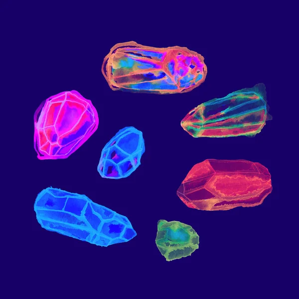 Set Van Gekleurde Kristallen Mineralen Maansteen Agaat Amethist Kwarts Aquarel — Stockfoto