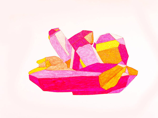 beautiful bright pink colored crystal mineral. mixed media