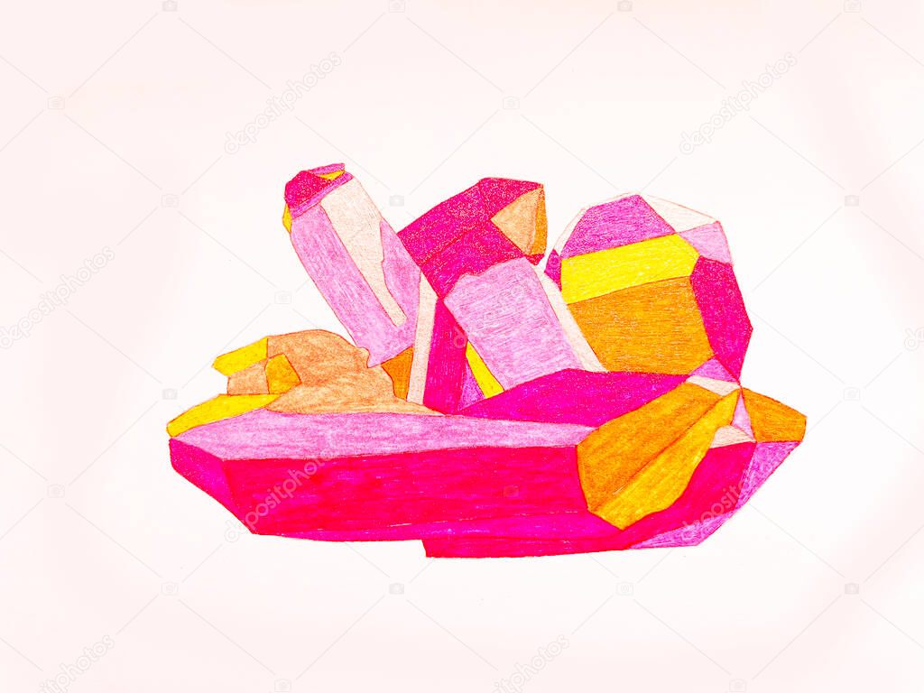 beautiful bright pink colored crystal mineral. mixed media