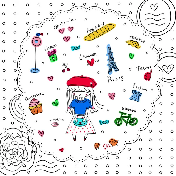 一套带有巴黎标志的元素 去巴黎的浪漫之旅穿着红色贝雷帽的漂亮女孩 手里拿着一个离合器包 羊角面包 埃菲尔铁塔 — 图库矢量图片