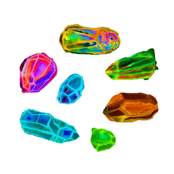 Uppsättning Färgade Kristaller Mineraler Månsten Agat Ametist Kvarts Akvarell Konst — Stockfoto