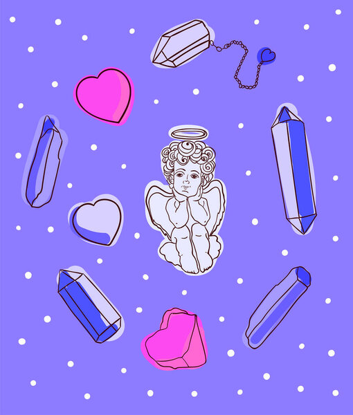 cute little angel surrounded by natural quartz crystals and shaped like hearts. vector illustration