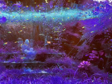 Küçük balıklı büyük bir akvaryum. modern sıradışı eğilim mor mavi renk