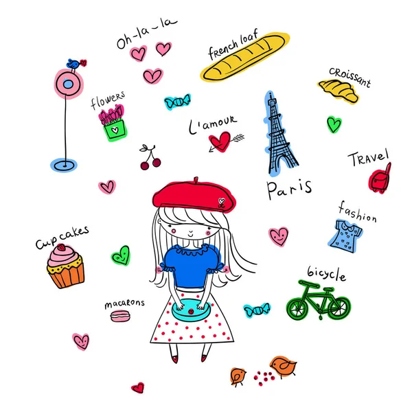 파리의 상징을 원소들의 집합입니다 로맨틱 버킷을 클러치 백을들고 아가씨 바게트 — 스톡 벡터