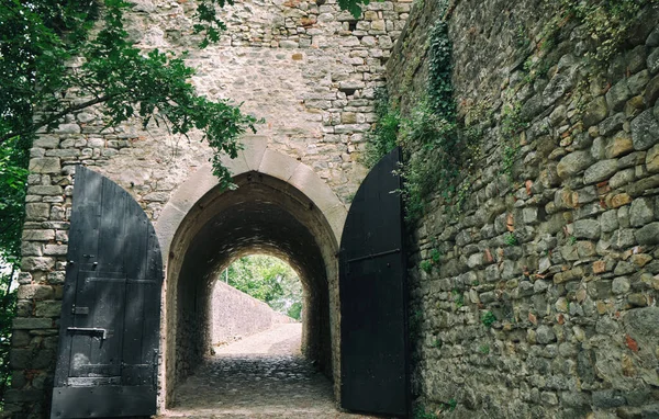 Entrée Château Médiéval Zavattarello Dans Petit Village Dans Région Vallonnée — Photo