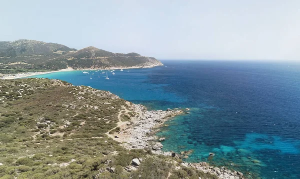 Luchtfoto Van Turquoise Zee Kleine Baai Stad Cagliari Cala Barca — Stockfoto