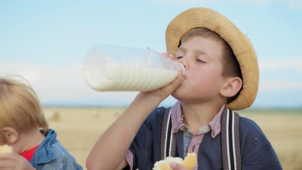 食べ物の屋外でお腹を空かせた男性の子供たちは食欲をもってパンと牛乳を飲みます — ストック動画