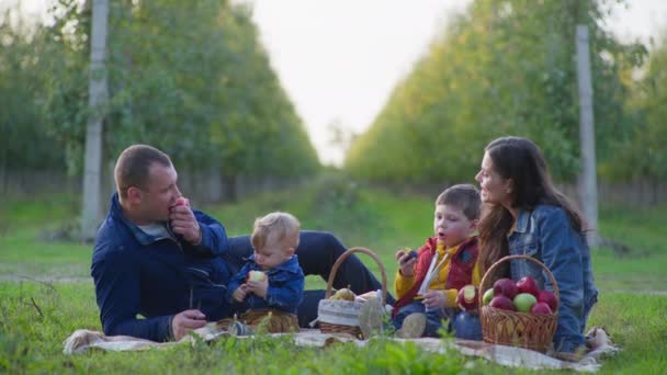 Föräldrar med barn har gemensamma tidsfördriv i äpple fruktträdgård äta mogna friska frukter under picknick i trädgården på landsbygden — Stockvideo