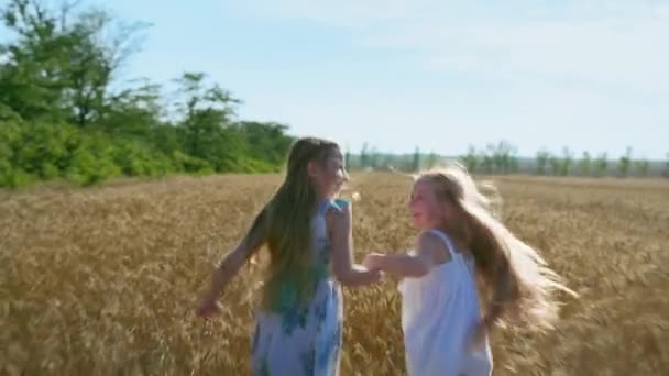 Přítelkyně běží přes pšeničné pole, šťastný ženské děti s dlouhými vlasy venku baví a dívat se na kameru ve zpomaleném filmu — Stock video