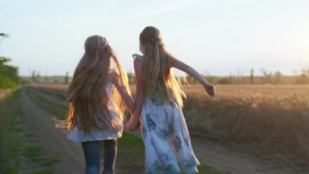 Les enfants jouent au village, les filles aux cheveux longs blonds courent le long de la route se tenant la main sur le fond du champ de blé et le coucher du soleil — Video