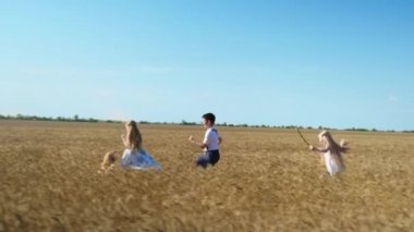 Mutlu bir çocukluk, ellerinde sopayla köpekle oynayıp mavi gökyüzüne karşı ağır çekimde buğday tarlası boyunca koşan çocuklar.