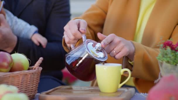 Tè per la famiglia all'aperto, le donne versano a mano la bevanda nella tazza e la danno al piccolo figlio, il bambino non vuole bere e morde avidamente una mela seduta sulle braccia dei papà — Video Stock