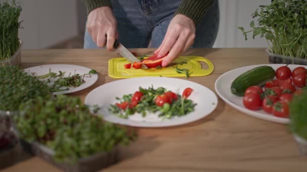 Cooking salad of cherry tomatoes and microgreen, girl cuts bell pepper on cutting board with knife at kitchen — Stock Video