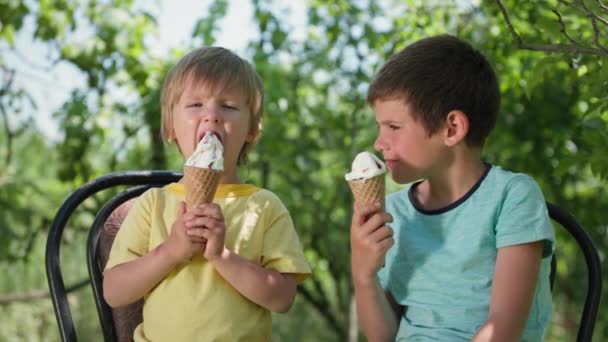 Sweets, little boys enjoy eating delicious cool ice cream on a hot summer day sitting on chairs against the backdrop of green trees — Stock Video