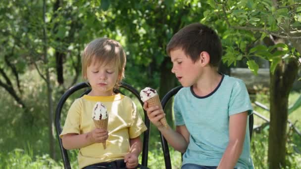 Happy male children are happy to lick delicious ice cream on hot summer denm while sitting on steels background of trees — Stock Video