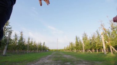 Kaygısız bir çocukluk, neşeli bir çocuk hafta sonu kırsal alanda aile yürüyüşü sırasında küçük erkek kardeşiyle el ele tutuşarak eğleniyor.