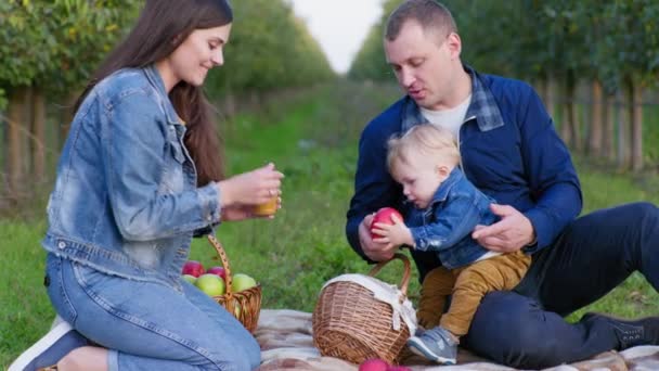 Rodiče krmí své dítě přírodním dětským ovocným pyré ve sklenici — Stock video