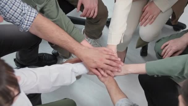 Přátelská podpora, mladí zaměstnanci mužského a ženského pohlaví zvednou a spustí ruce k sobě a pak si tleskají, aby pozvedli týmového ducha, zatímco sedí v kruhu během motivačního tréninku — Stock video