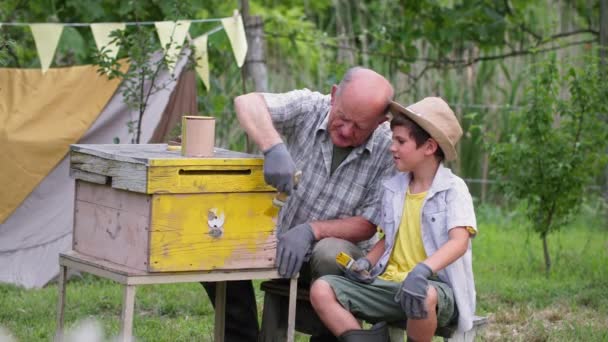 Imkerfamilie Großvater und Enkel bereiten Bienenstöcke Farbe mit Pinsel und gelber Farbe sitzt im Garten Hintergrund der grünen Bäume — Stockvideo