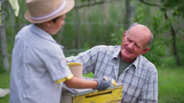 Μελισσοκομική, φροντίδα παππούς με αρσενικό παιδί μελίσσια χρώμα για τις μέλισσες με κίτρινο χρώμα, ενώ κάθεται στο φόντο του κήπου των δέντρων — Αρχείο Βίντεο